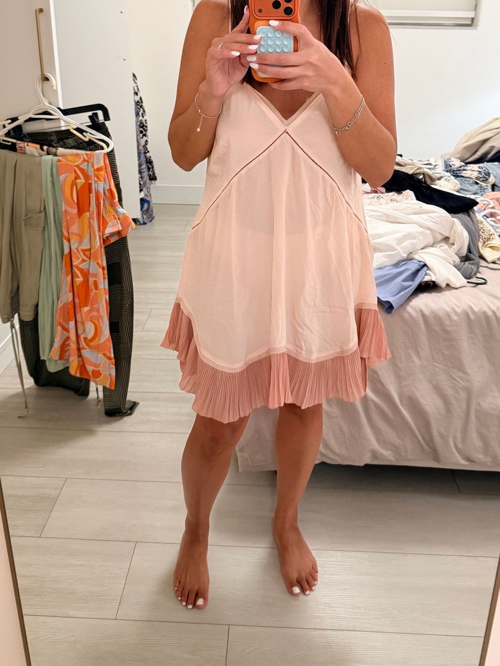 H&M Blush Pink Pleated-Hem V-Neck Mini Dress